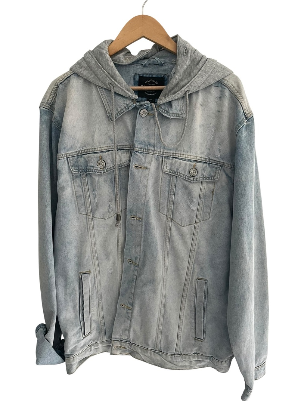 Hooded Distressed Denim Jacket Light Wash XL